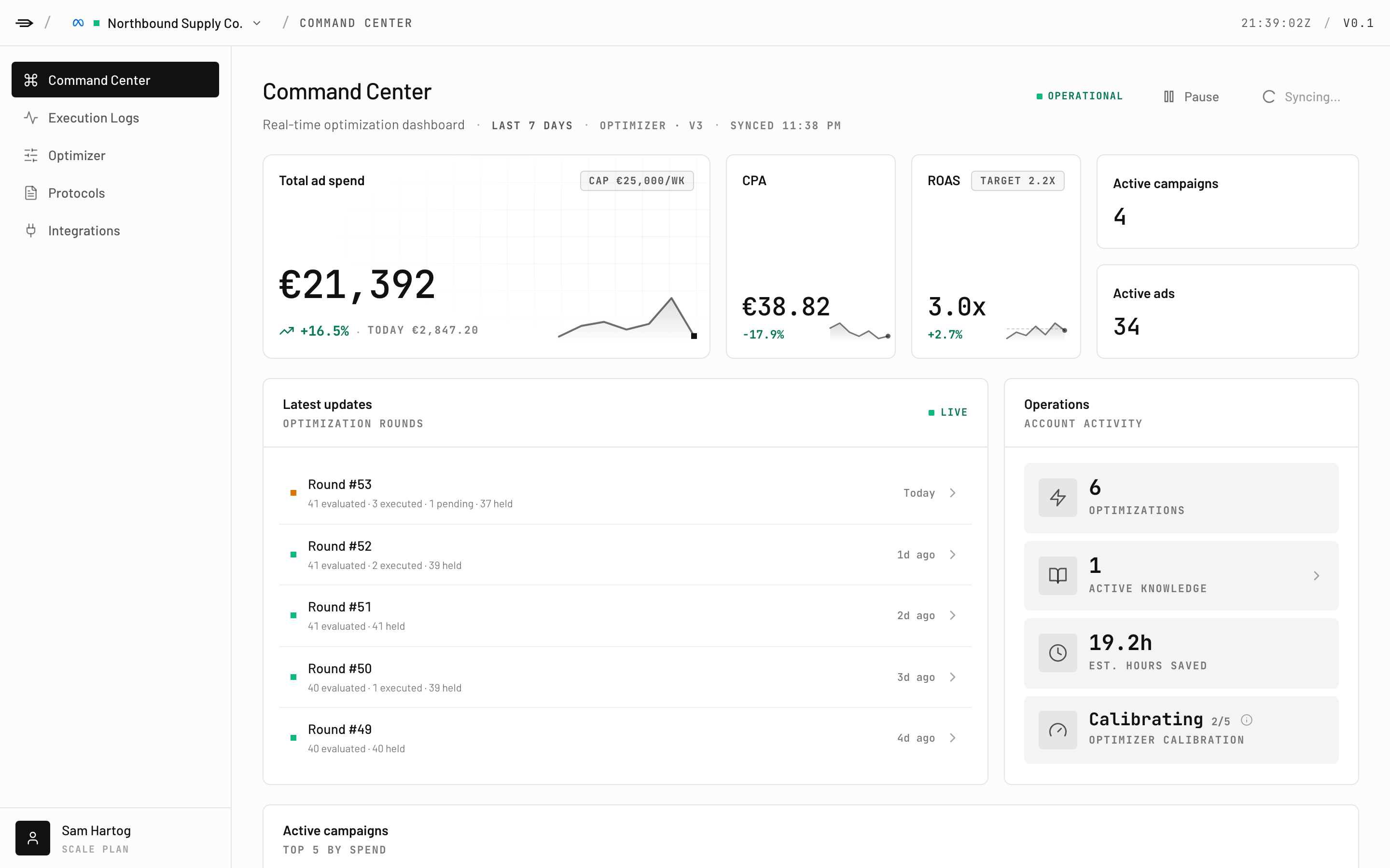 The STRMLINE Command Center: €21,392 of ad spend over the last seven days at a €38.82 cost per purchase and 3.0× return, with the last five optimization rounds listed underneath — round 53 evaluated 41 objects, executed 3 and held 37.